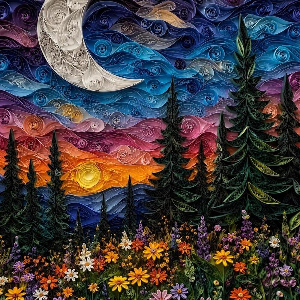 8x10 Framed Quilled Moonlit Wildflower Landscape Art Print